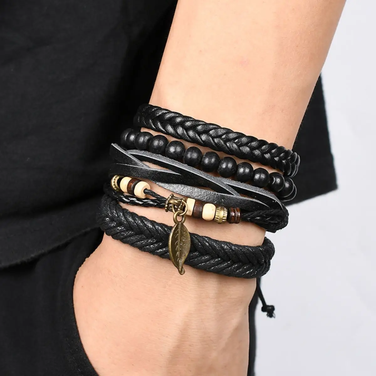 4Pcs/ Set Braided Wrap Leather Bracelets for Men Vintage Life Tree Rudder Charm Wood Beads Ethnic Tribal Wristband Rope Bracelet