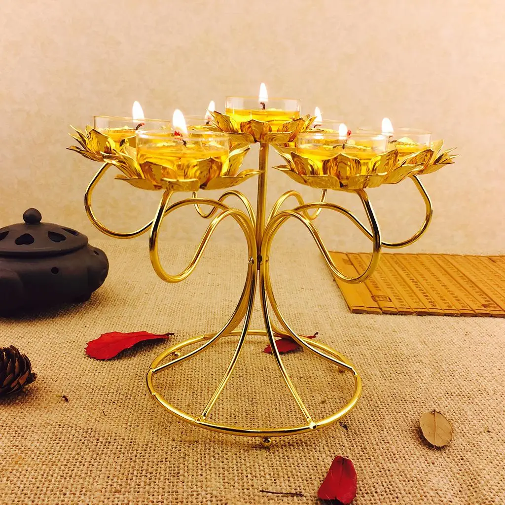 Buddhist Iron Ghee Lamp Holder Lotus Candlestick for Tea Light Decor Vintage Finish Home Desk Centerpiece