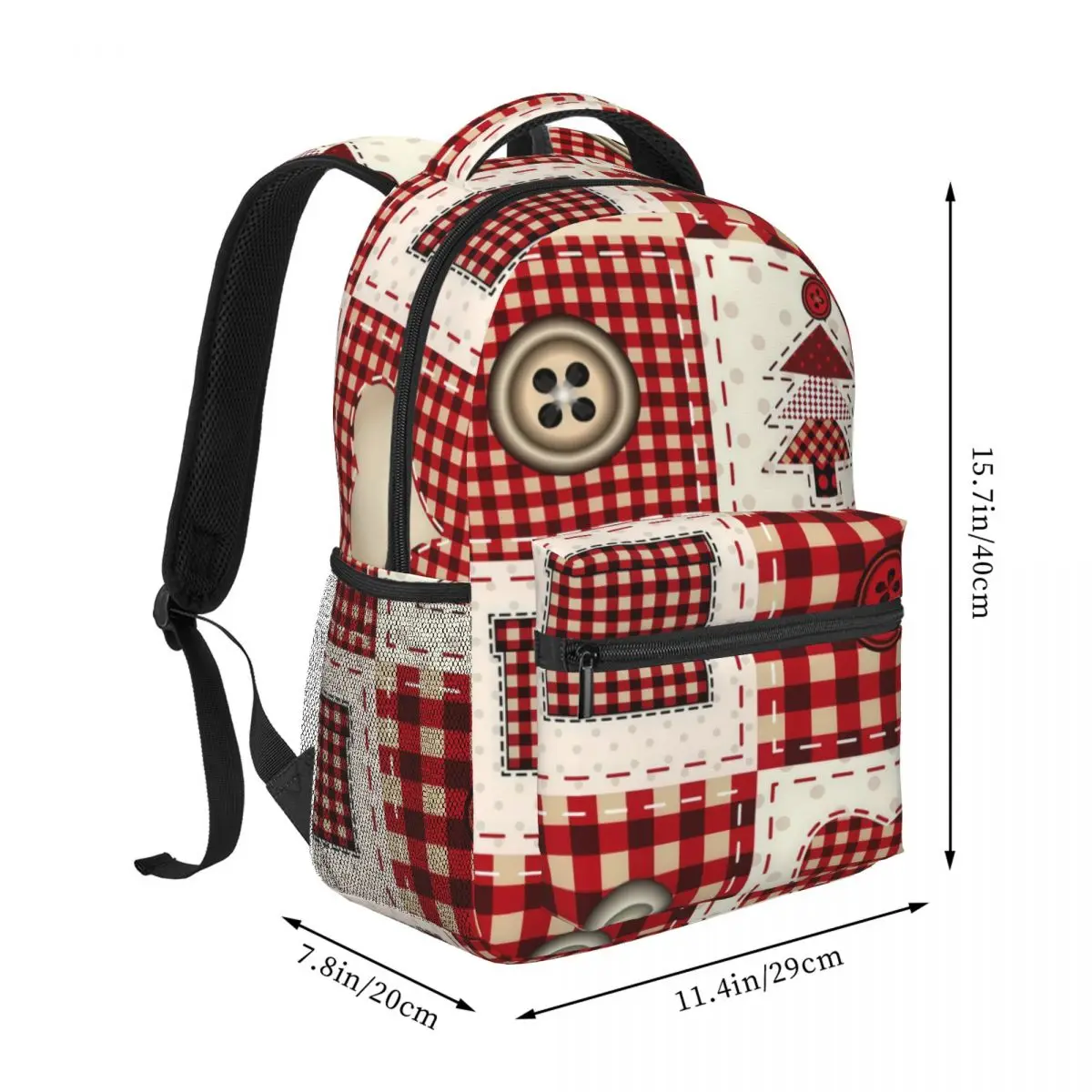 Winter Holiday Print Backpack Grid Christmas Squares Patchwork Primitive Folk Christmas Red Cream Brow Winter Daypack for School