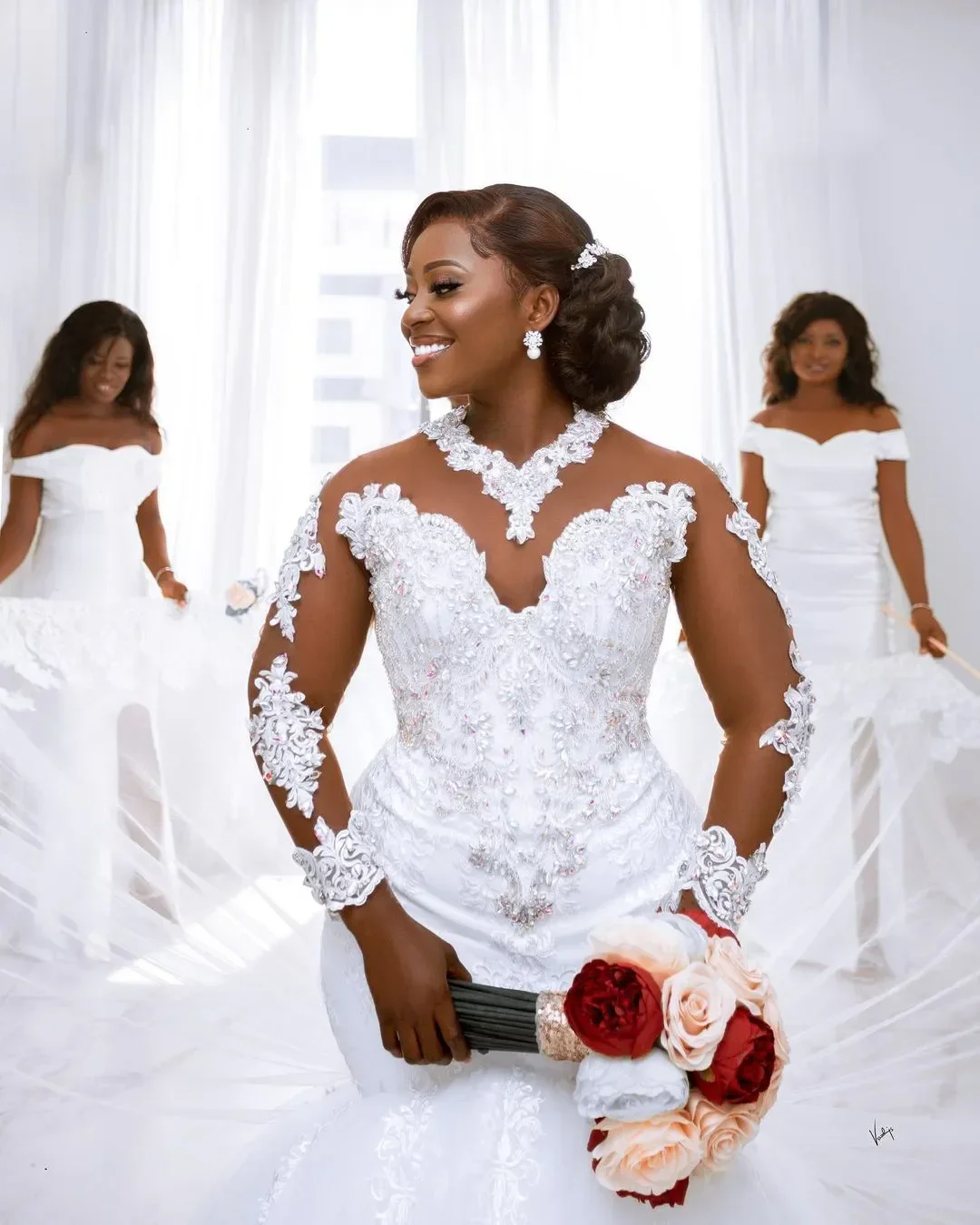 Aangepaste witte volledige kant zeemeermin trouwjurken kristallen pure hals vintage sexy bruidsjurken jurk