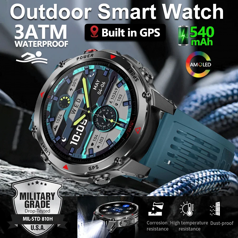

2026 New Military GPS Smart Watch Men 1.7inch Screen 540mAh Battery Compass Bluetooth Call 3ATM Waterproof Outdoor Smartwatch