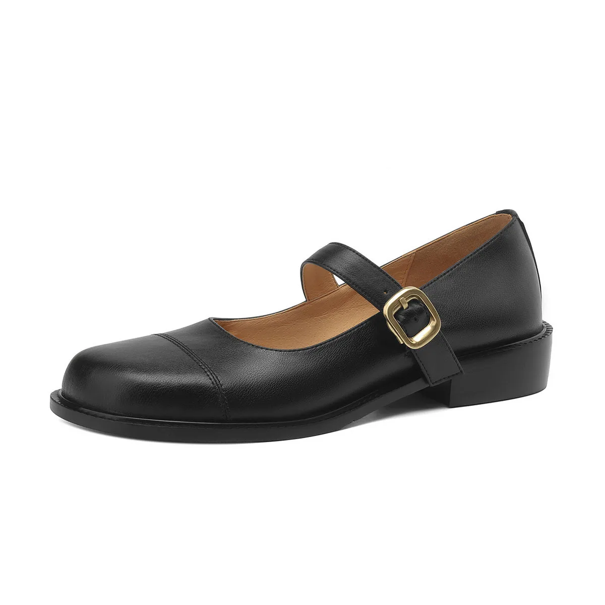 washed cowhide black Mary Jane shoes round head shallow mouth one-word buckle single shoes women's thick heel super large size
