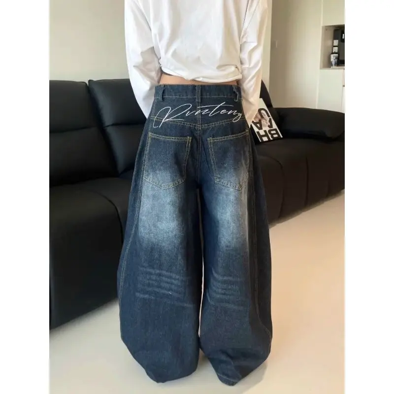 Women's Y2K Retro American High-Waisted Wide-Leg Jeans Curved Embroidery Washed Drop-Crotch Loose Trousers for Street Fashion