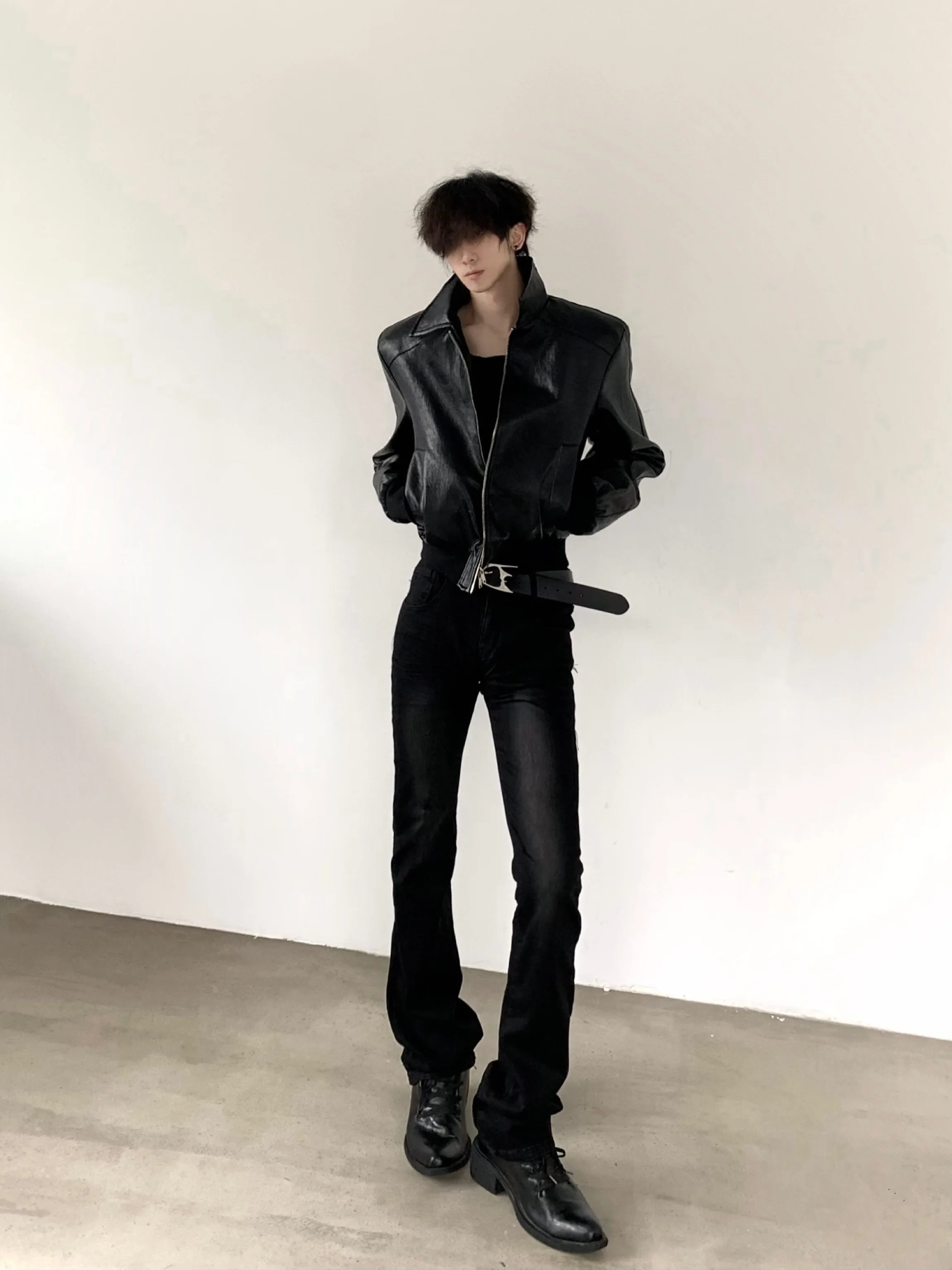 Dark Street Texture Short Slim Fit Leather Jacket Men's High-End Pad Shoulder Biker Jacket Windproof Anti-Wrinkle Cotton Blend