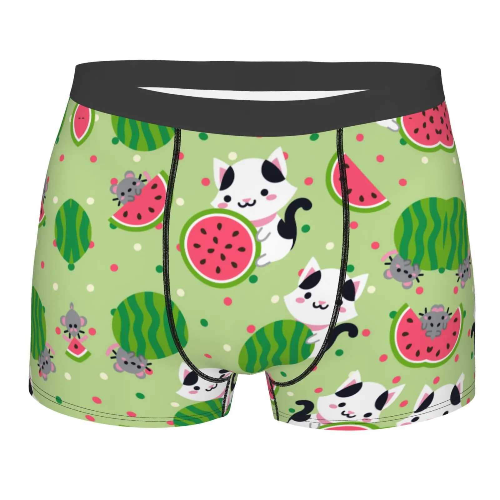 Watermelon Cat Summer Cartoon Underwear Male Underpants Double Sides Printed Soft Breathable Machine Wash Boxers Print