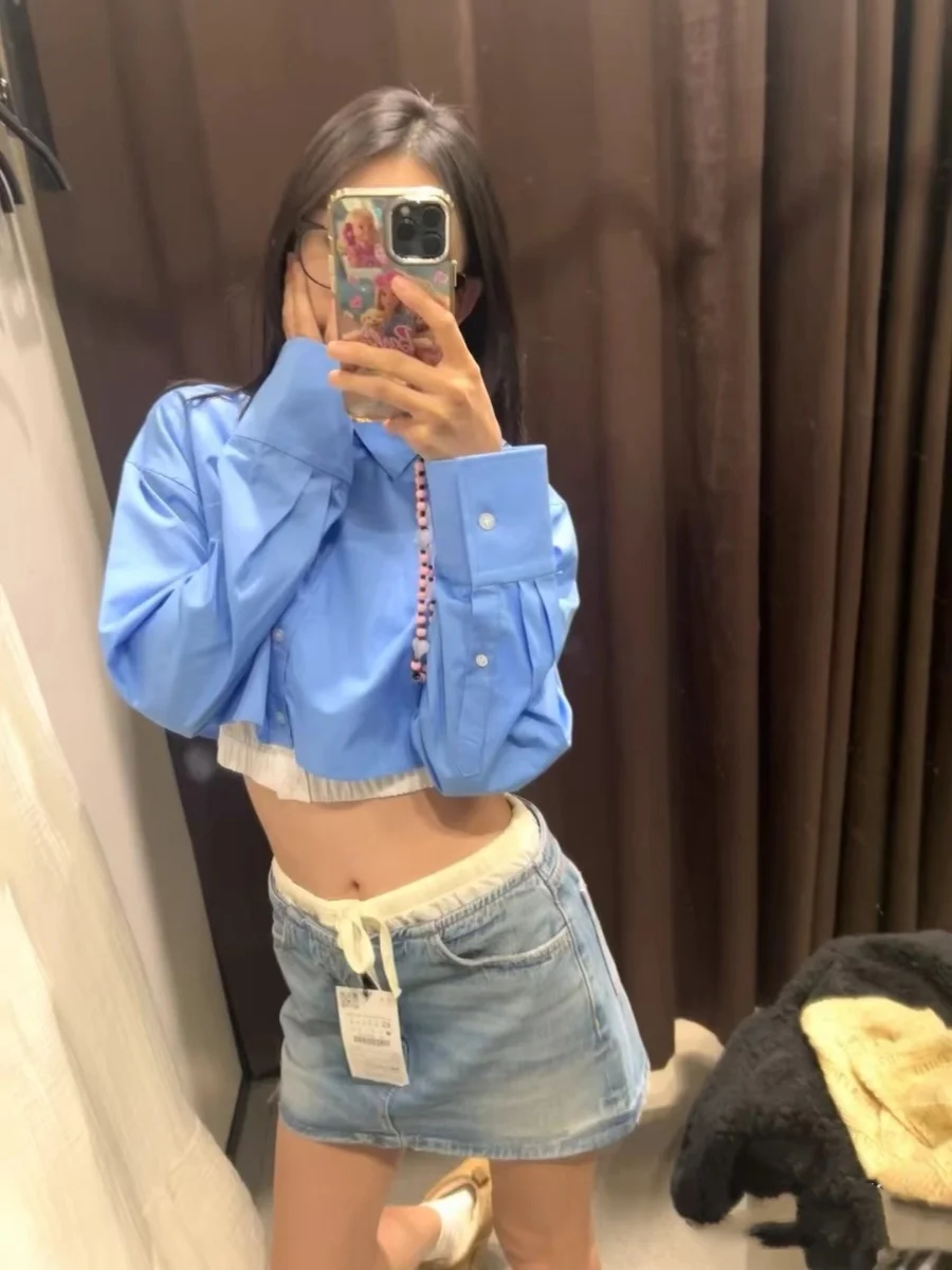 Taille haute élastique Plaid ceinturé ort Denim jupe printemps été nouveauté femmes Faion a-ligne coton couleur