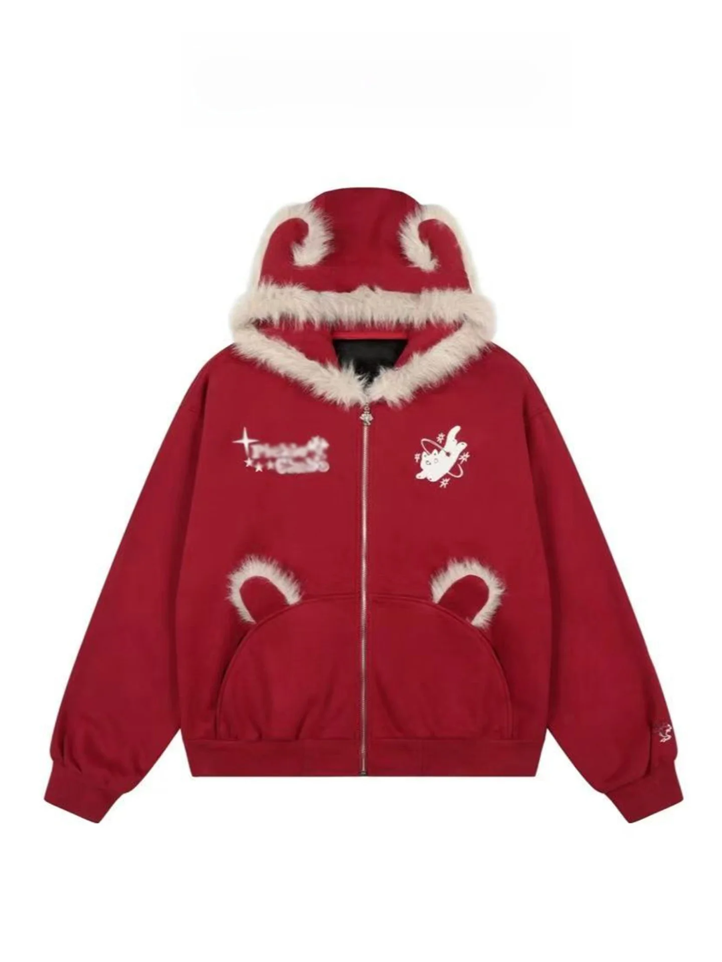 

American Retro Red Plu Hoodie Jaet Women's Thiened Lazy Sle Hat irt Autumn Winter Faionable Ladies' Coat