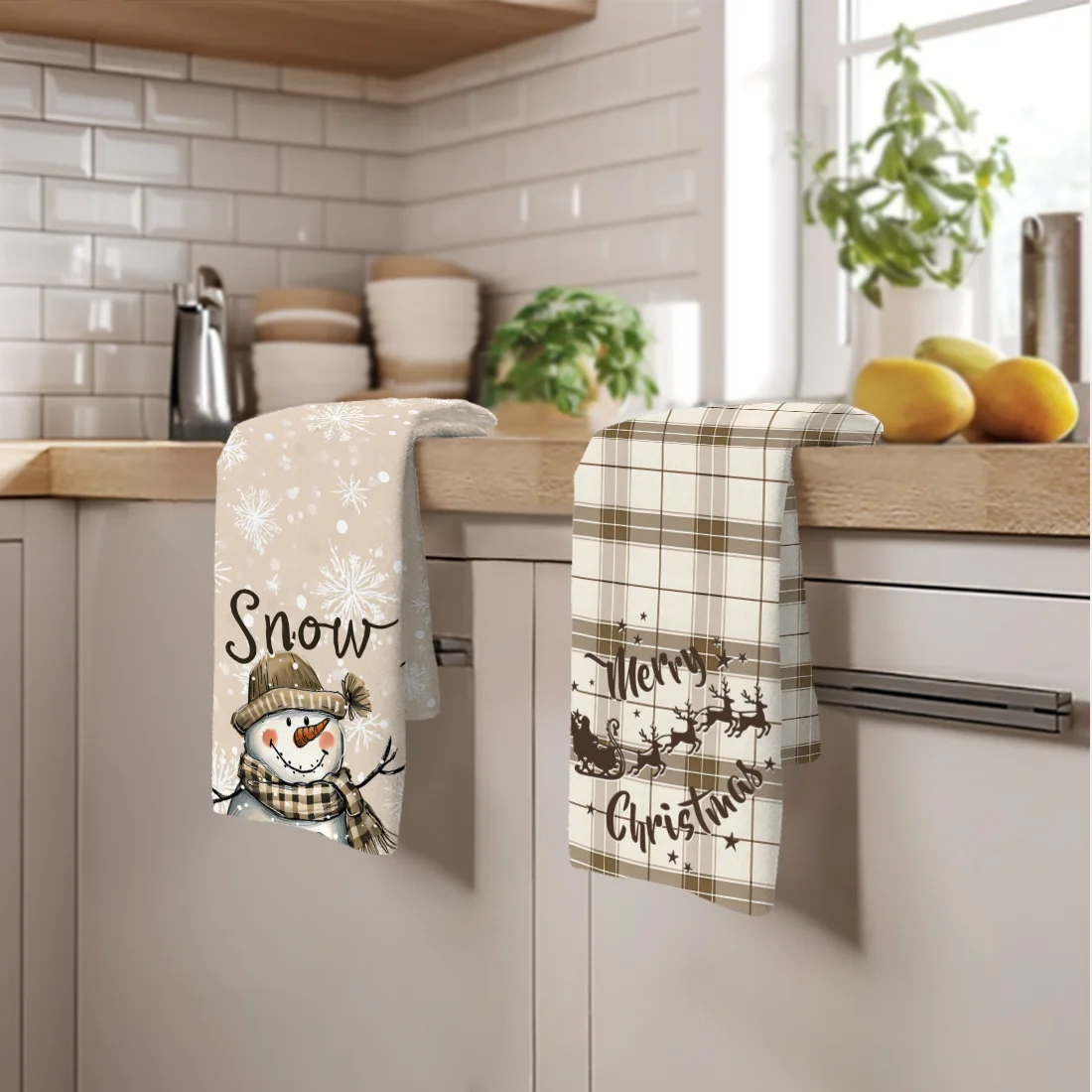 

2 шт., рождественские кухонные полотенца в кофейную клетку со снеговиком, полотенце для посуды, праздничная сухая ткань для кухни, рождественский декор 40x60 см