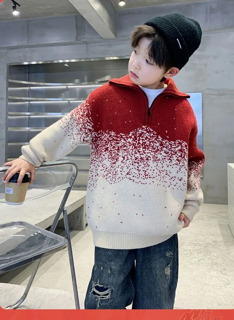 Kinder-Streifen-Polopullover mit halbem Reißverschluss für Jungen, Frühling, High-Street-Strickwaren, Teenager, Kinder, modische Strickpullover-Outfits – Detail 3