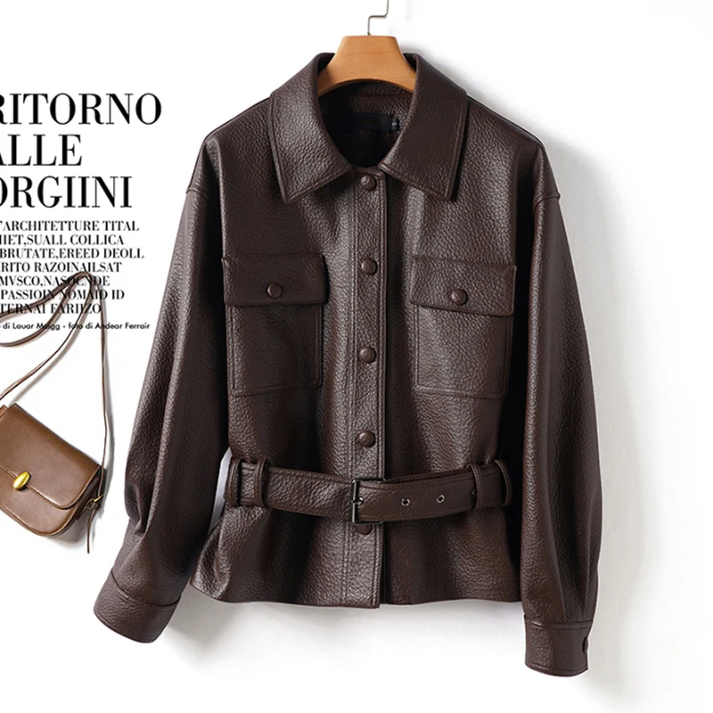 Moda Donna Giacche corte in pelle di pecora Chic monopetto Cintura con lacci Donna Manica lunga Slim-fit Giacche in pelle crosta Top