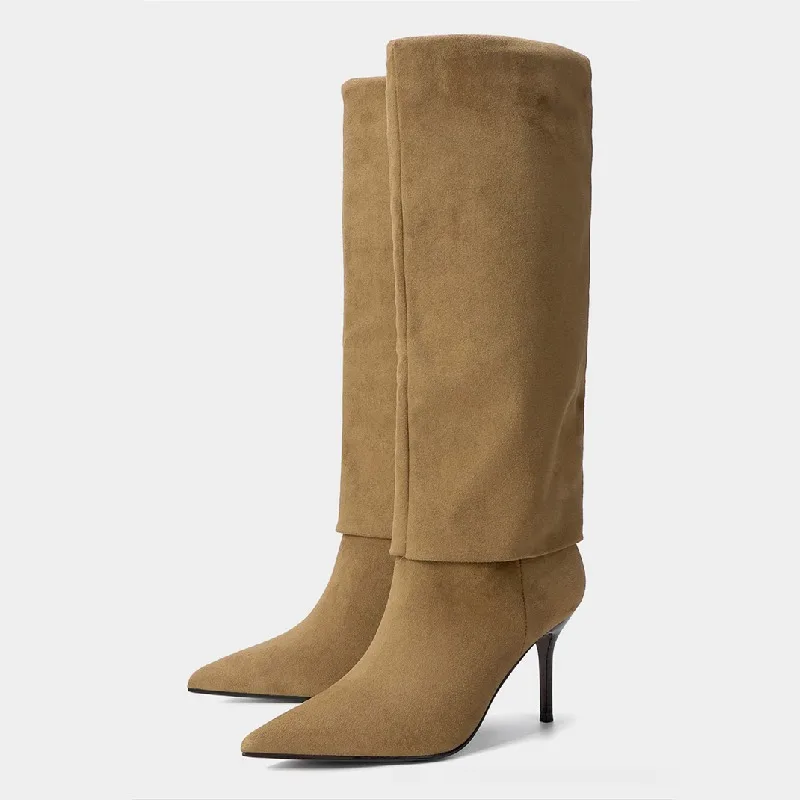 

Comfort Brown Faux Suede Knee Boots Women Fashion Pointed Toe Stiletto Designer Boots Elegant Commuter Office Boots Botas Mujer