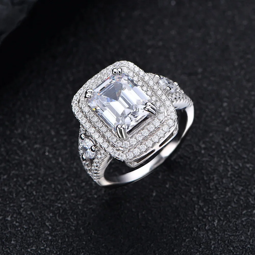 Rectangular Chamfered 8 * 12 High Carbon Diamond Ring, Emerald Cut Luxury Inlaid Wide Version S925 Silver Ring