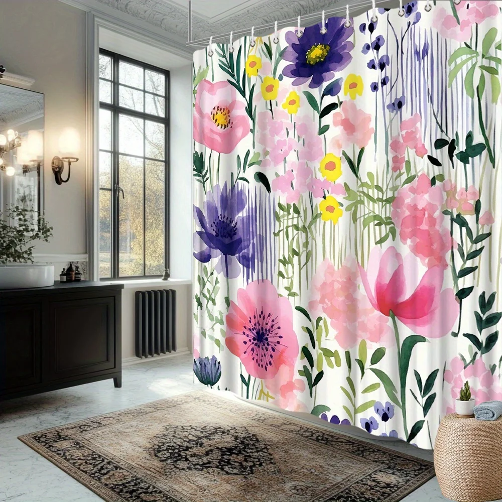 

Watercolor Floral Shower Curtain – Soft Pink & Lavender Poppies, Sunny Yellow Blooms, Verdant Stems on Cream, Waterproof