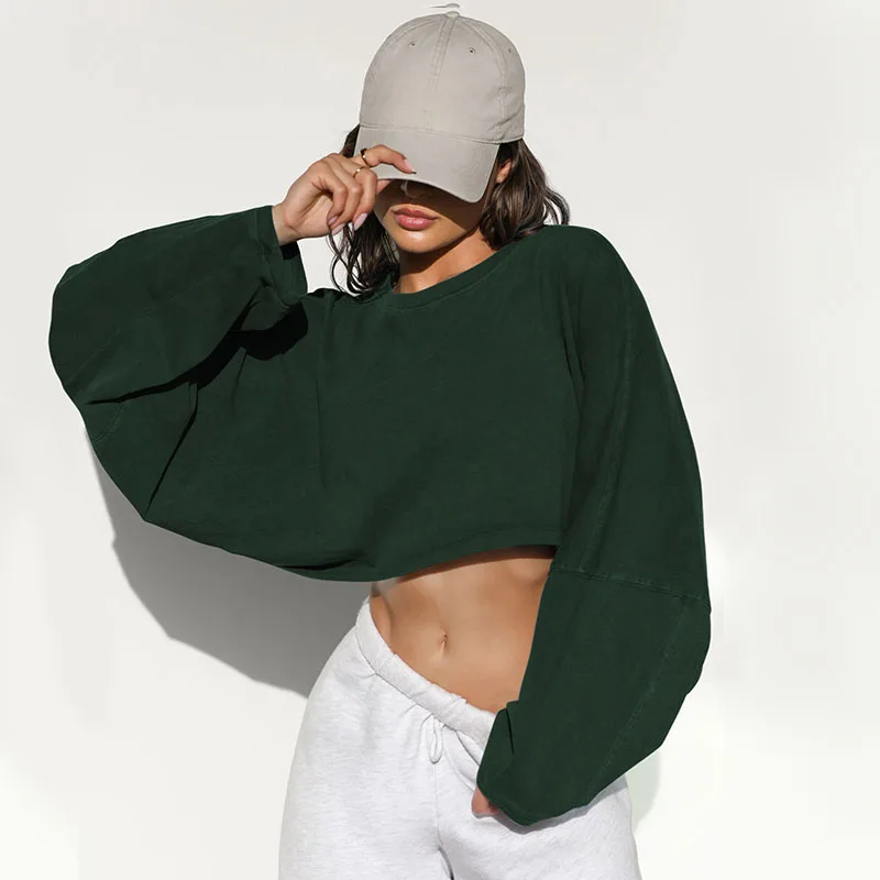 Autumn Women's Clothing Pink Crop Long Sleeve Top for Women Round Neck Sports Pullover Sweatshirt Knit Long Sleeved Crop T-shirt