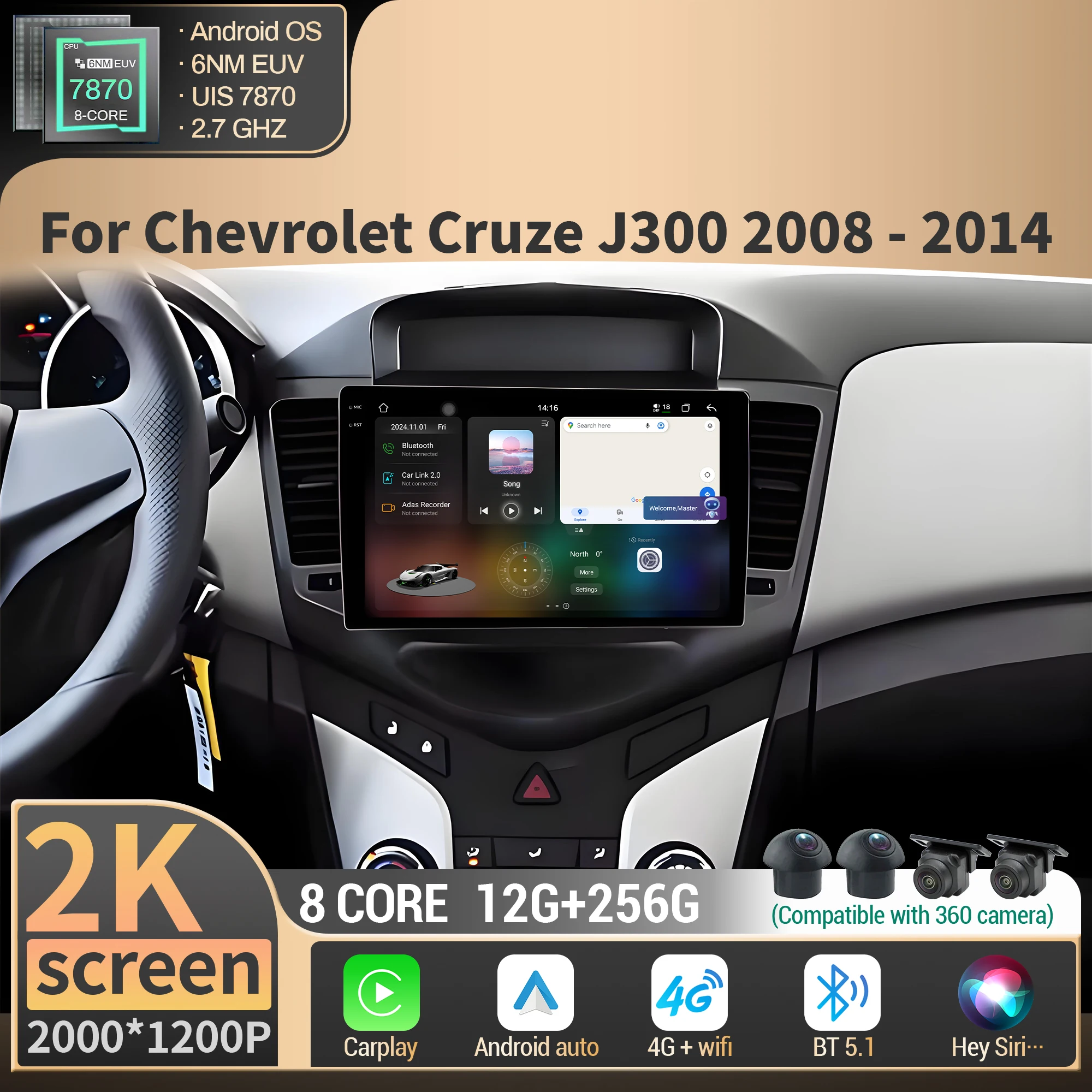 

For Chevrolet Cruze J300 2008 2009 2010-2014 Car Radio Multimedia Wireless BT Carplay Android 4G GPS CPU 7870 2K QLED Screen