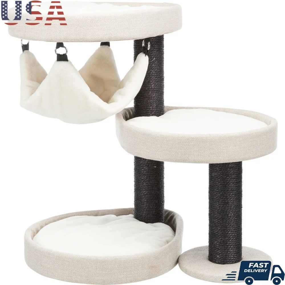 

2-Level Cat Tree with Scratching Posts Plush Hammock Removable Cushions Cats of All Sizes Durable Sisal Platforms