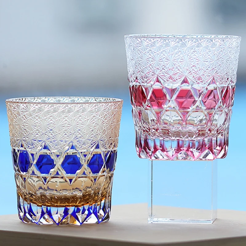 

Luxury Hand Cut To Clear Blue Colored Glass Whiskey Tumbler Green Edo Kiriko Style Old Fashioned Glasses Bar ware Black