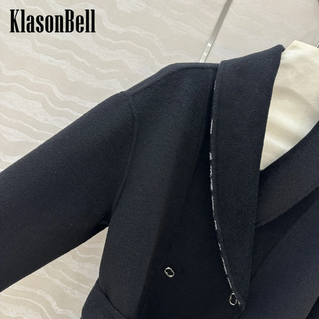 9.23 KlasonBell-Women Elegant Lining Jacquard Double-Sided Cashmere Coat Double Metal Button Sashes Lapel Midi Wool Outerwear