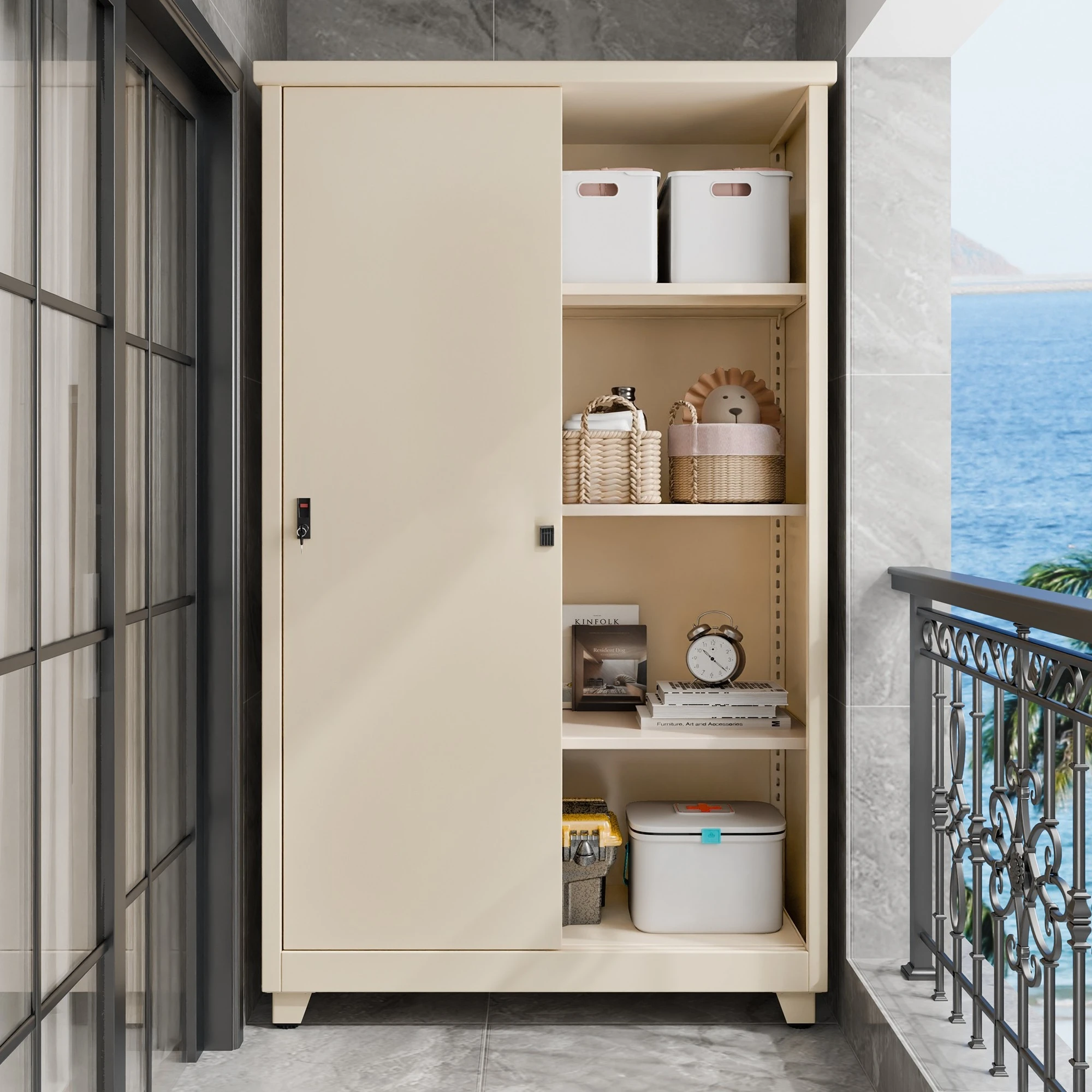 Balcony cabinet, storage, low cabinet, sunscreen, waterproof, corridor, floor, multi layer, iron sheet.