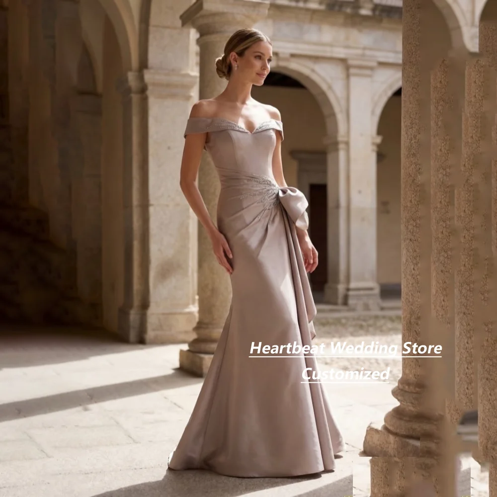 Customized Dusty Pink Mother Of The Bride Gown Off Shoulder Satin Mermaid Dress Crystal Sash Big Bow Wedding Guest Evening Gown