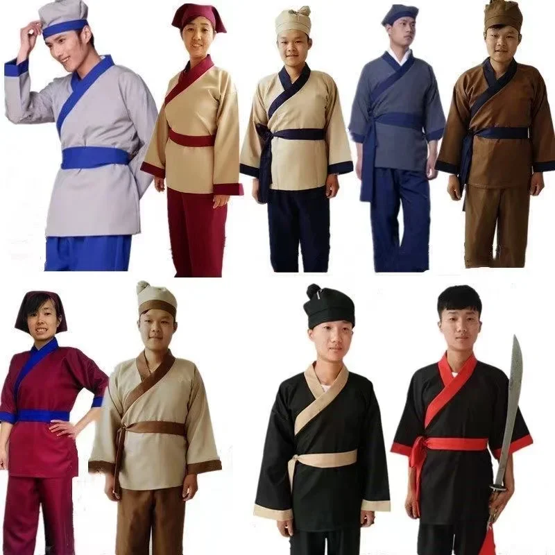 Ancient Teahouse Workers Clothing Old Chinese Manservant Scholars Costume Vintage Men Women Servant Cleaning Cosplay Hanfu Set