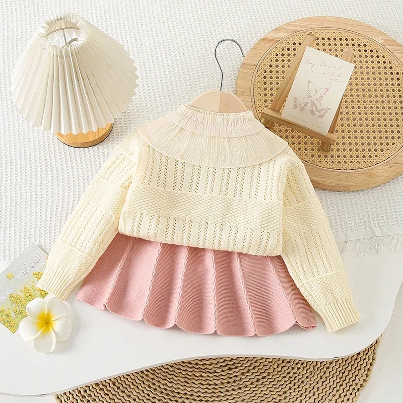 2-6Y New Spring Autumn Girls Clothing Set Lace Collar Sweater Cardigans Pleated Skirt 2Pcs Suit Children's Knit Outerwear Sets