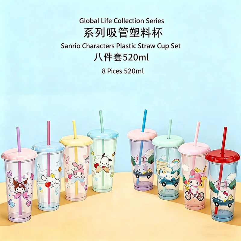 Licensed Reusable Straw Water Cup Set Cute Cartoon 4Pcs 520ml Plastic Drinking Tumbler For Girls Daily Office