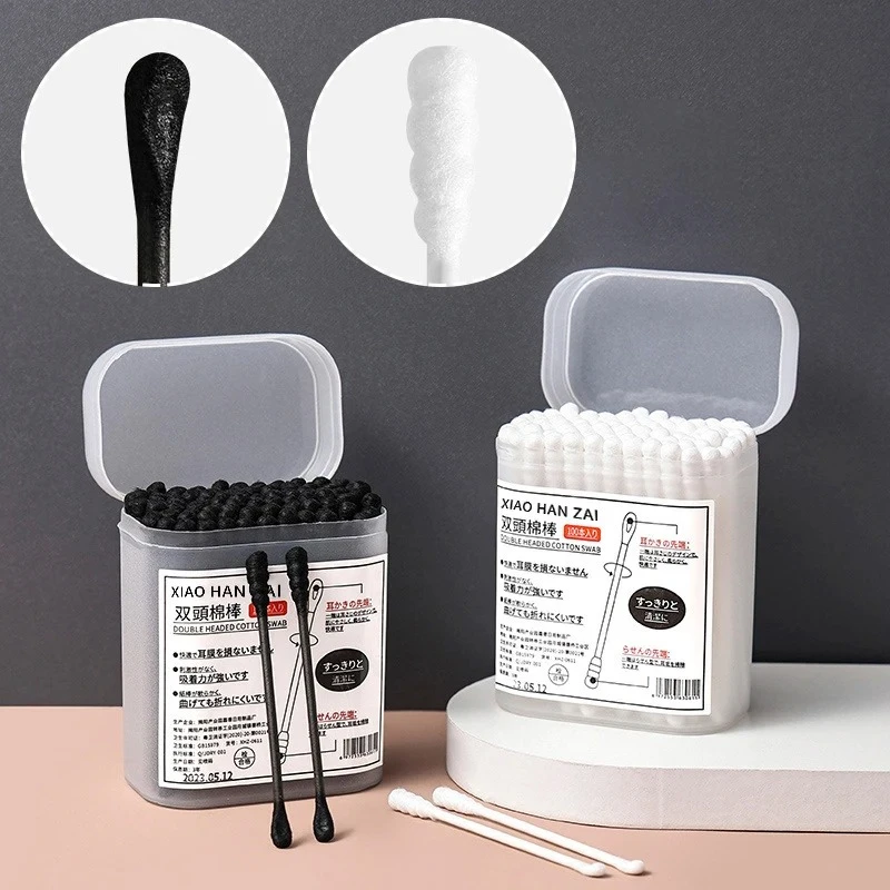 

100Pcs/Box 2-in-1 Ear Digging Spoon Double Ended Cotton Stick Spiral Ear Cleaner Disposable Cleaning Black and White Cotton Swab