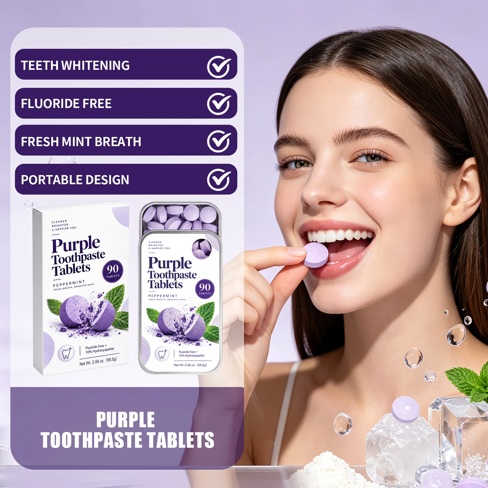 Chewable Toothpaste Tablets 90 Count No-Toothbrush Fluoride Free Mint Enamel Oral Dental Care Whitening Purple Toothpaste Pills