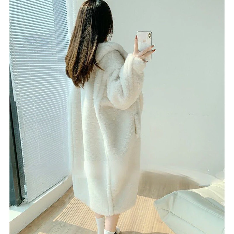 Women's Imitation Lambwool Jacket, Korean Elegant Overcoat, Casual Hooded Coat, Warm Lamb Wool Parker Coat, Autumn, Winter, New