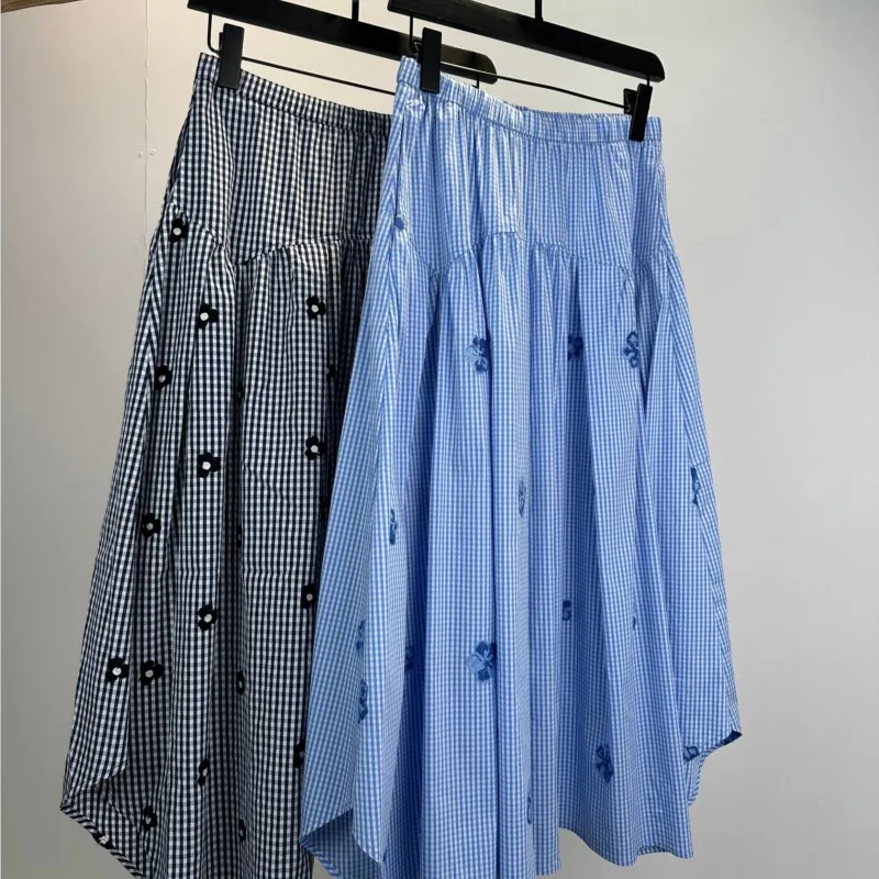 

Blue Boho Skirt Women, Embroidered Plaid Skirt, Summer 2025 High Waist Cotton Flared Midi Skirt, Elastic Waistband Boho Style