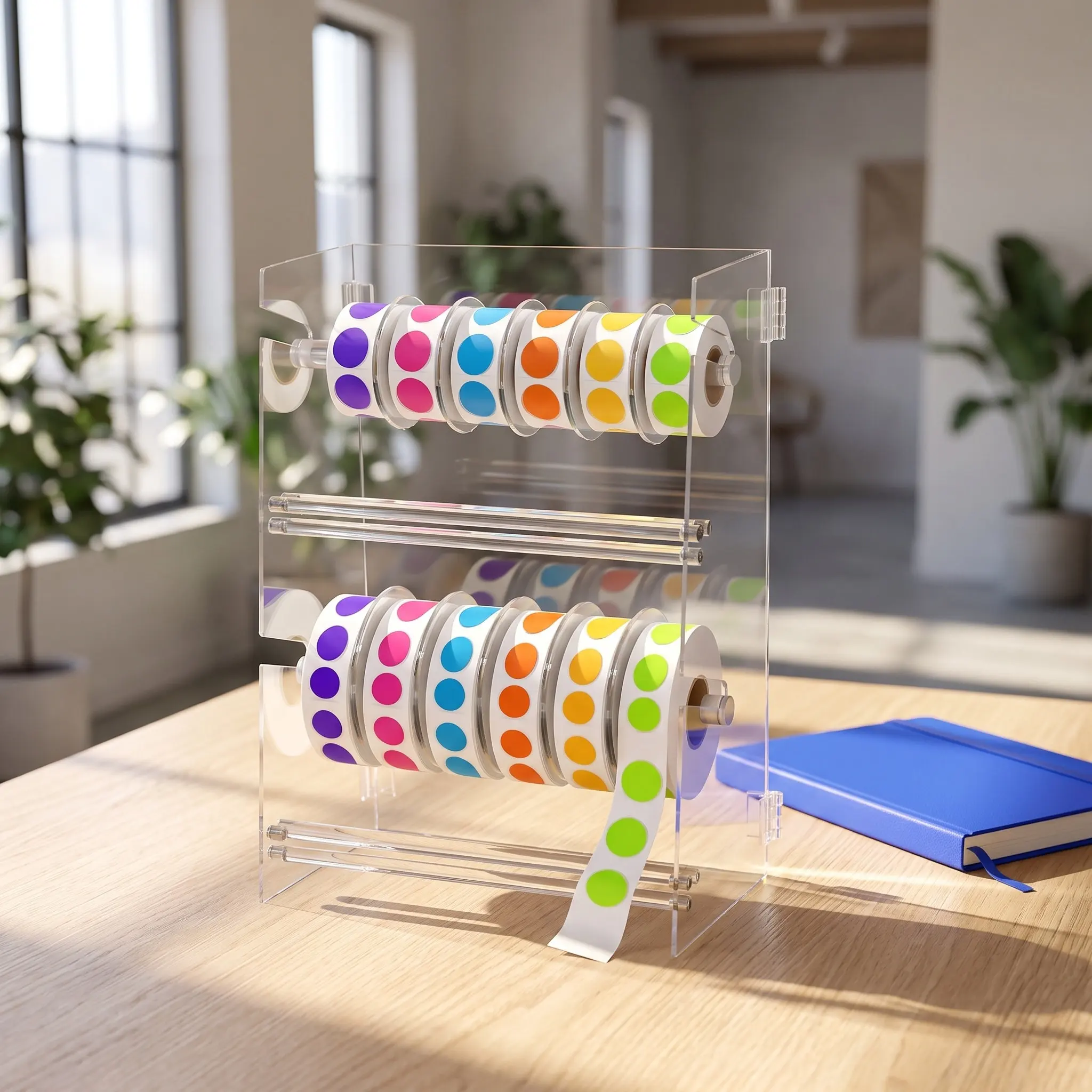 Clear Acrylic Label Dispenser 2 Tier Adjustable Sticker Roller Holder Transparent Label Organizer Office Classroom Desktop