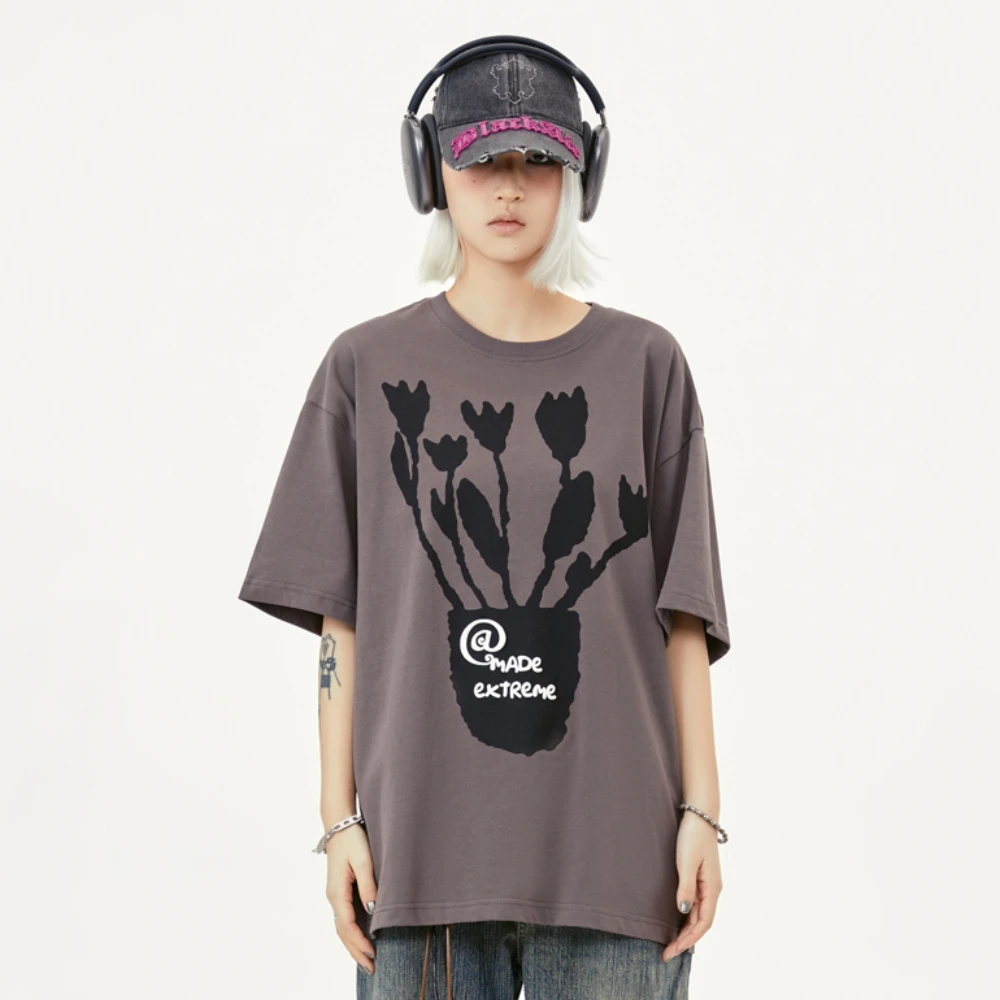 

Cartoon Flower Printed T Shirts Women Streetwear Oversized T-shirt Harajuku Hip Hop Loose Cotton Tee Shirt Dark Dray White