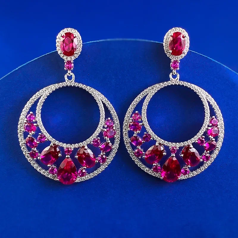 2024 new high carbon diamond earrings inlaid with water droplets 6 * 9 pigeon blood red luxury style ice flower s925 earrings