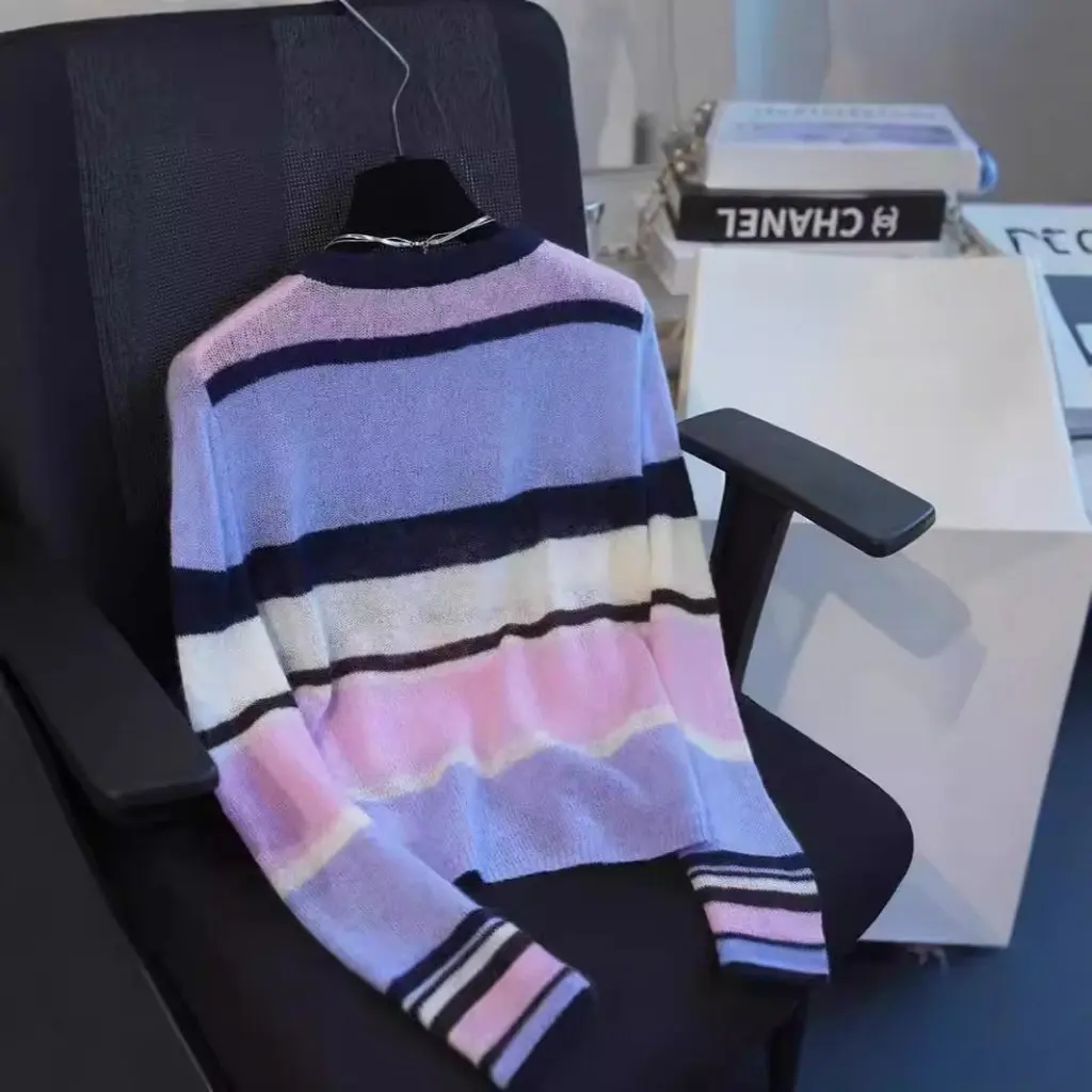 

French Style Loose Long Sleeve Mohair Knitted Sweater Striped Lazy Dopamine Design Autumn Fashion Women's Open Cardigan
