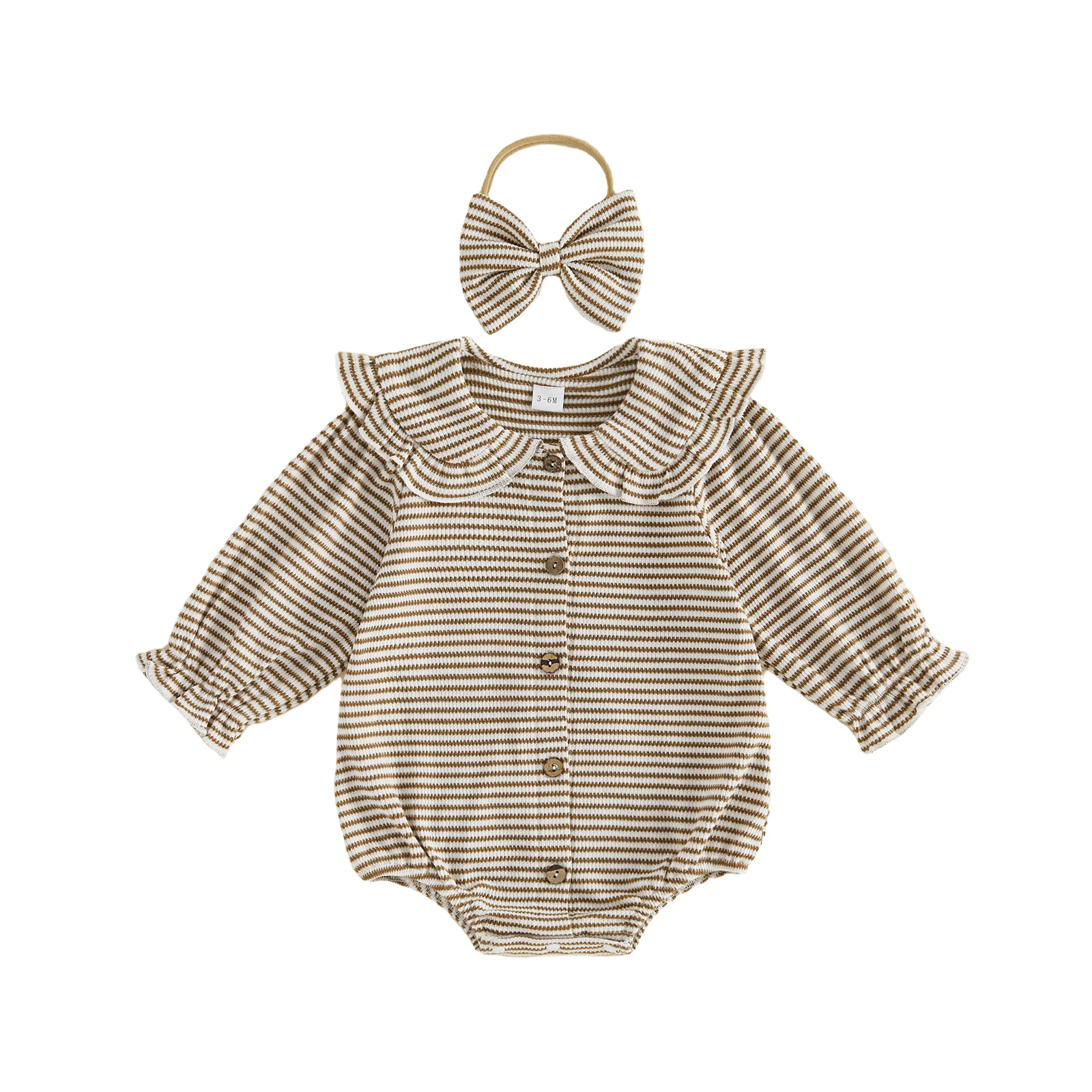 

Baby Girl Fall Romper Waffled Stripe Print Long Sleeve Doll Collar Button Down Bodysuit with Bow Headband