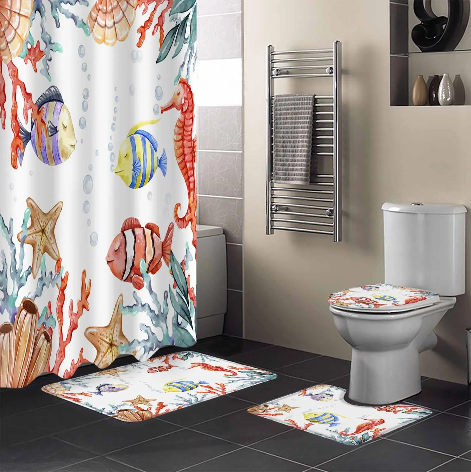 Ocean Coral Fish Watercolor Shower Curtain Non-Slip Rugs Toilet Lid Cover and Bath Mat Bathroom Curtains with Hooks