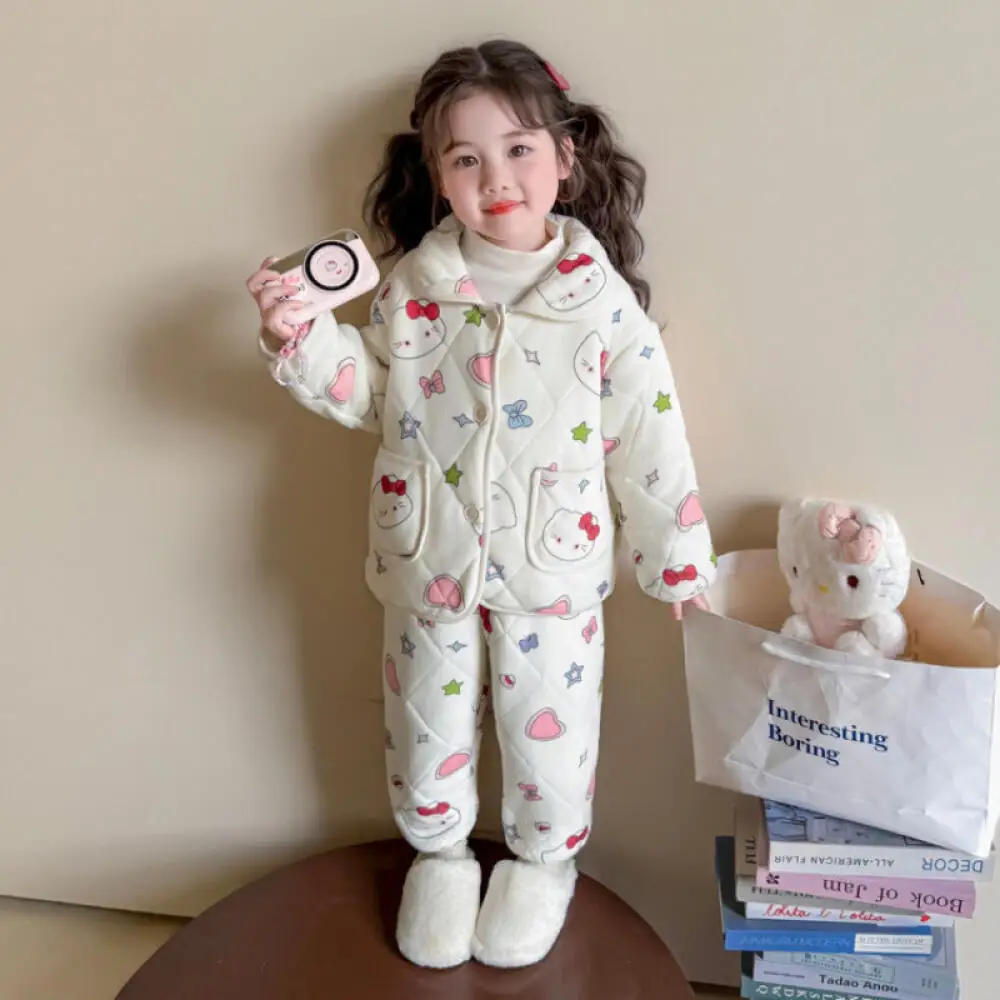 

Sanrio Hello Kitty2025 Girls Pajamas Winter Princess Thickened Home Clothes Warm Outerwear Baby Cotton Clothes Cotton Pants Set