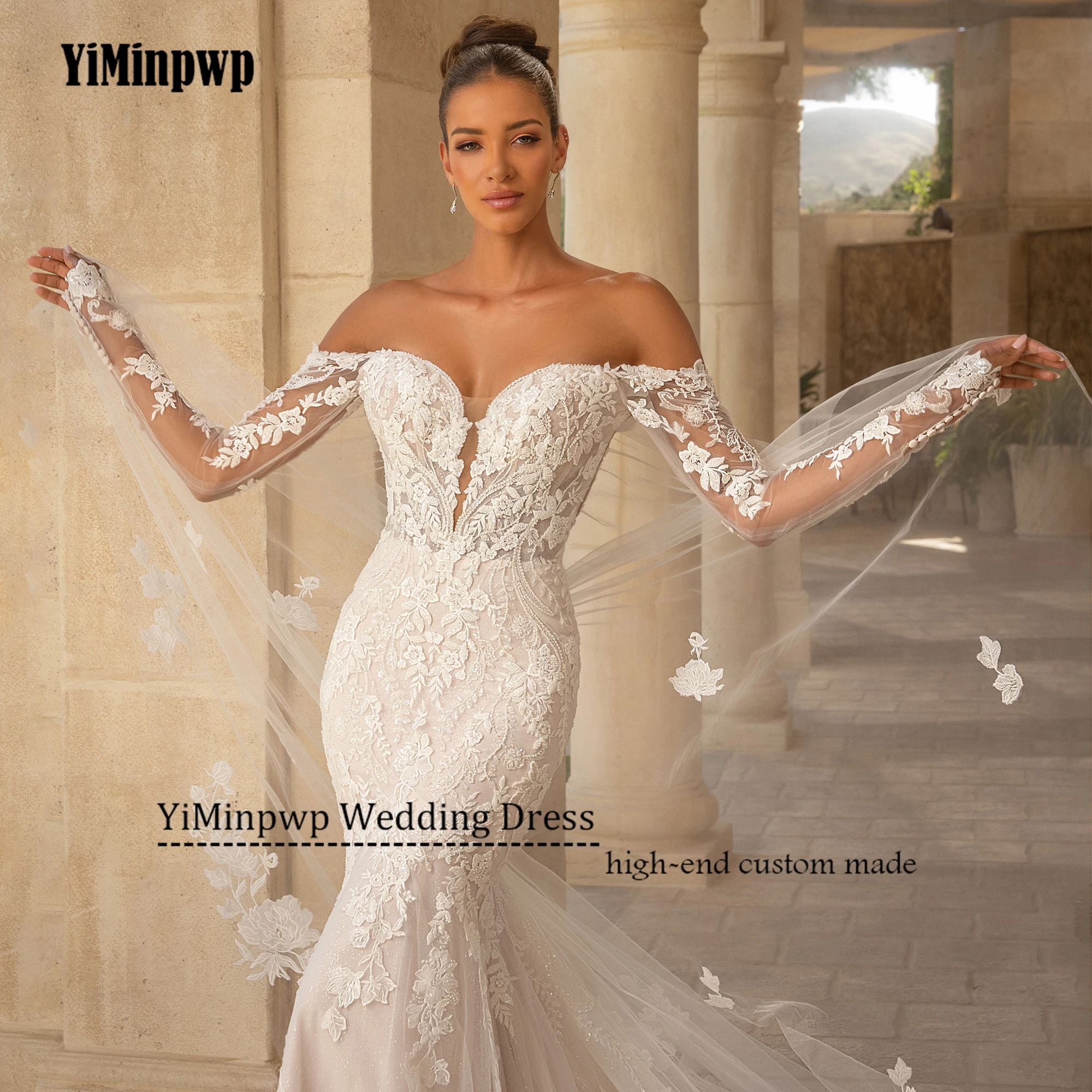 فستان زفاف مثير 2025 مخصص قبالة الكتف كم كامل زين مطرز سويب تراين حورية البحر فستان زفاف بدون ظهر للمرأة