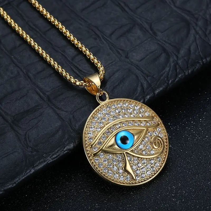 European and American Cross-Border New Hip-Hop Hiphop Jewelry Stainless Steel Gold-Plated Rhinestone Eye of Horus Pendant Necklace