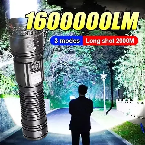 1600000   LM ไฟฉาย Super Bright USB ชาร์จไฟ LED ยุทธวิธีไฟฉายกันน้ํากลางแจ้ง Camping โคมไฟตกปลา