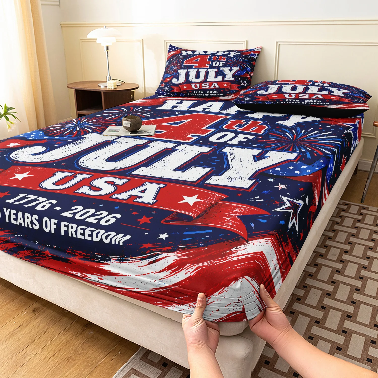 3 Pcs USA Anniversary Patriotic Print Fitted Sheet Set, Happy Star Firework Brush Flag Printed Bedding, Multiple Sizes Available