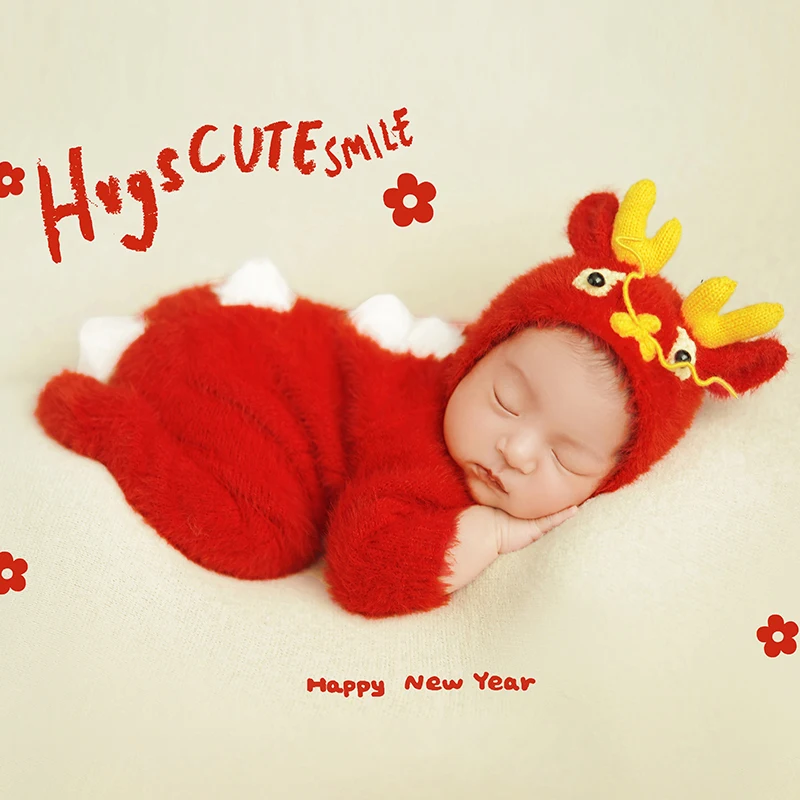 Newborn Shooting Props Dragon Year Red Theme Set Infant Soft Plush Jumpsuit Photography Outfit Studio Shooting Scene Costume