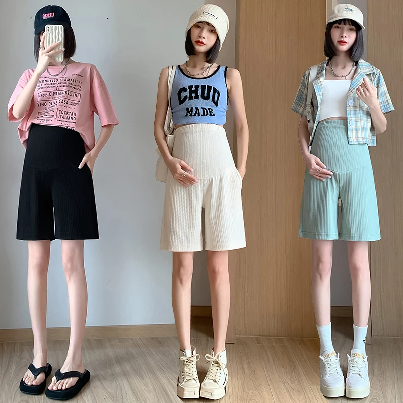 Summer Fashion Pregnant Women Shorts Thin Outer Wear Cotton's Abdomen Trousers with Pockets Solid Color Maternity Wide Leg Pants