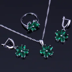 Splendid Flower Green Cubic Zirconia Silver Plated Jewelry Sets Earrings Pendant Chain Ring V0253