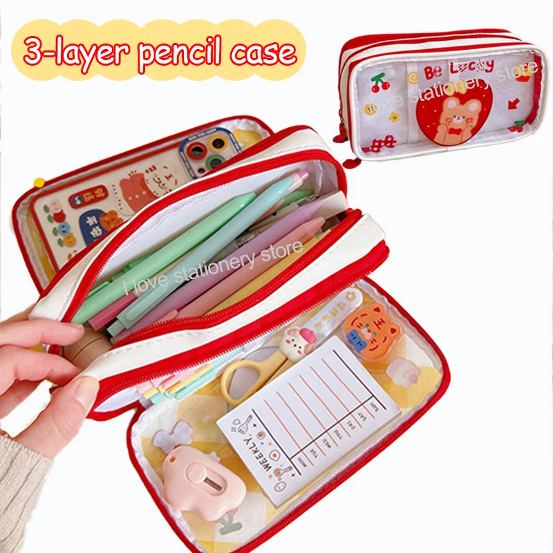 3-layer Pencil Case Large Capacity Kawaii Transparant Pencil Bag Cartoon PVC Waterproof Box for Girls School Supplies Stationery