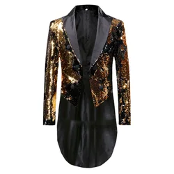 Men's Black Gold Sequins Suit Jacket Swallowtail Slim Coat Groom Wedding Tailcoat Singer Host Magician Sequined Blazers Costume