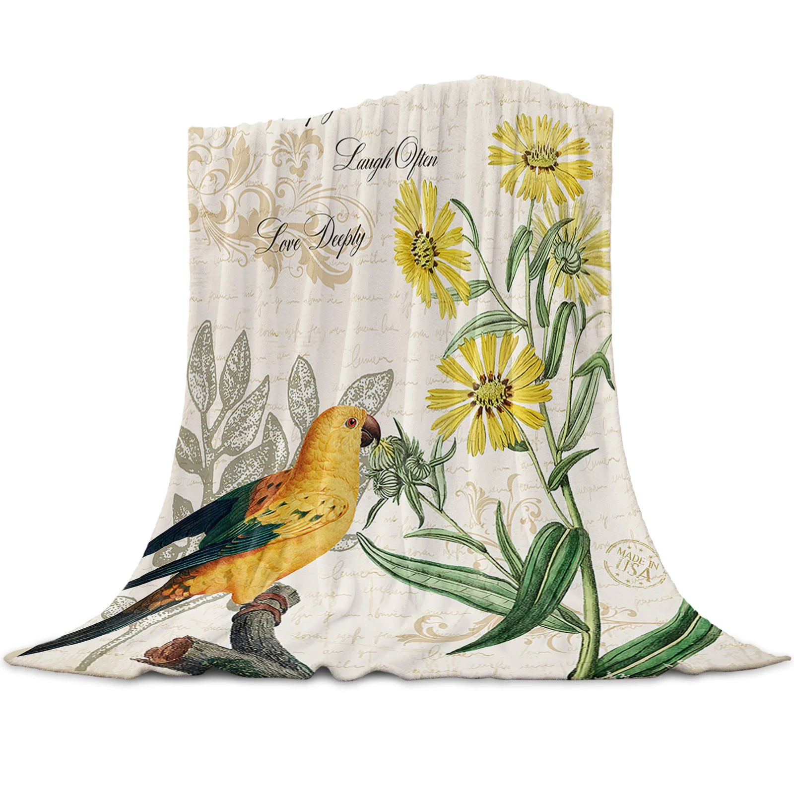 Yellow Parrot Sunflower Retro Printed Throw Blanket Flannel Fleece Blankets Soft Throws for Sofa Couch Bed Bedroom Bedspread