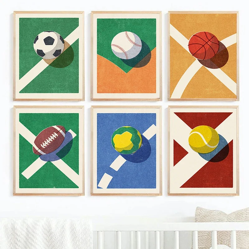 1PC frameless decorative art print,Canvas Painting Wall Art Vintage Sport Balls Posters Volleyball Basketball Soccer Billiards P