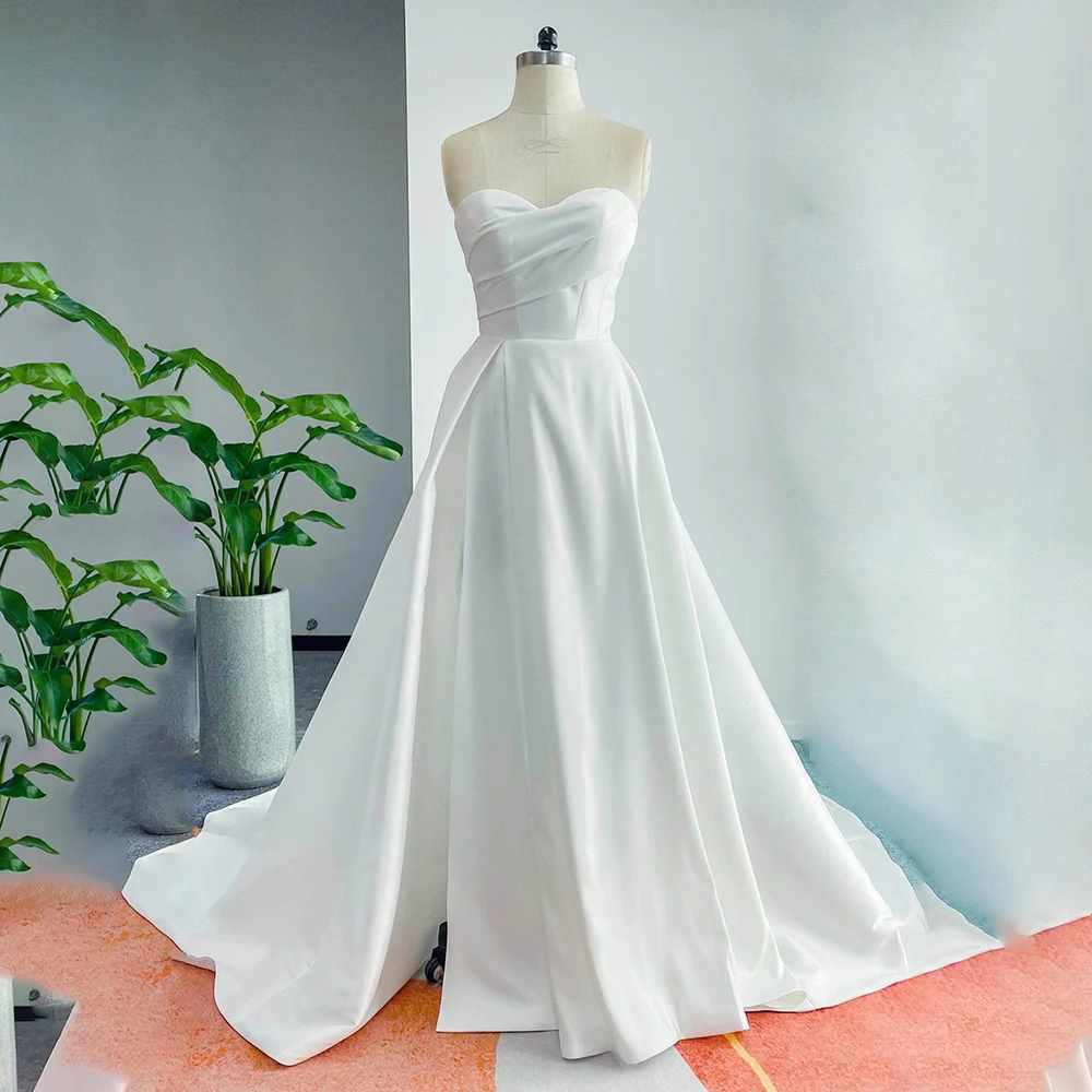 

2026 Luxury A-Line Wedding Dress Strapless Draped Sleeveless Bridal Gown for Bride Elegant Satin Exquisite Bride Gowns